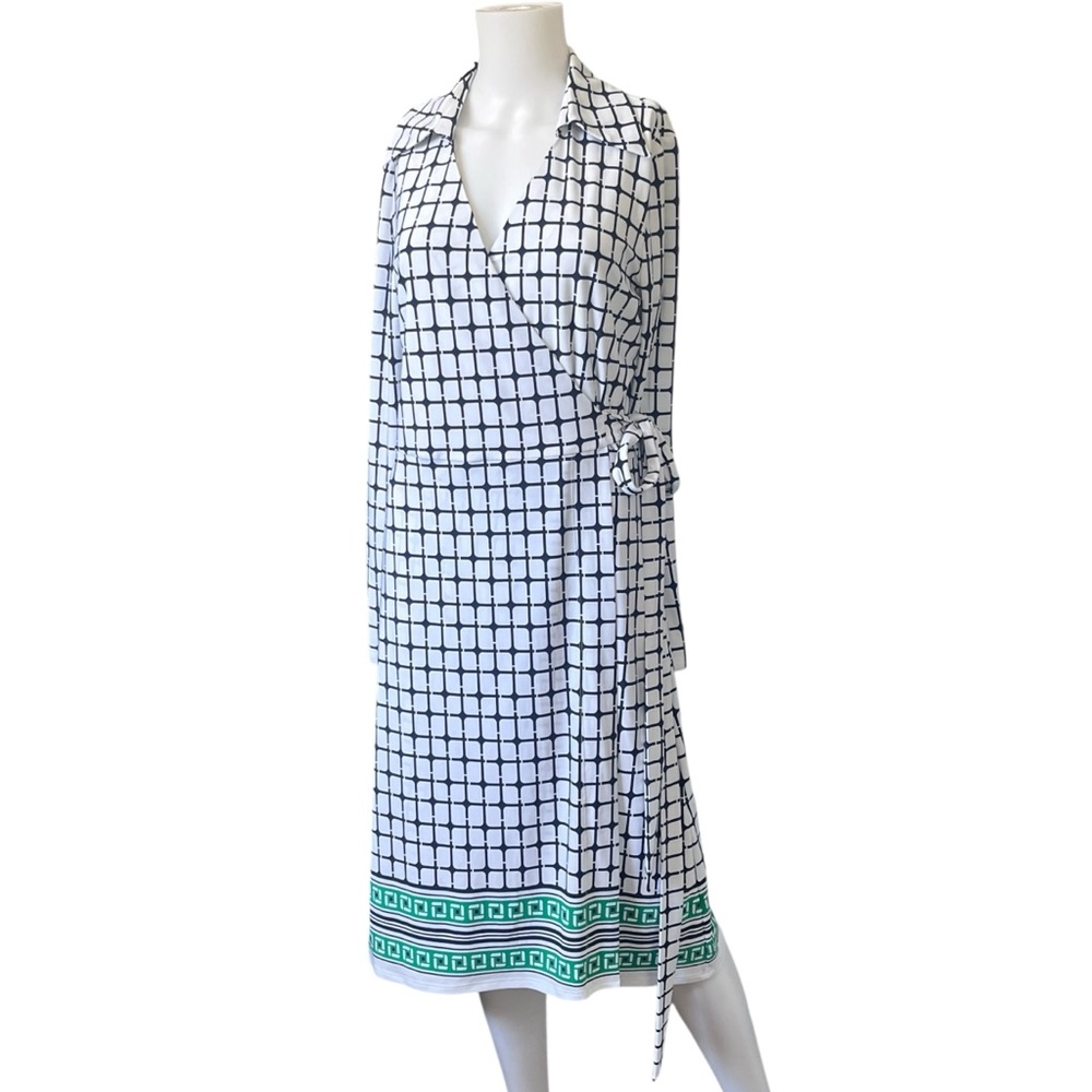Brooks Brothers Wrap Dress Coastal Geometric Plaid Stretch Knit Size Large L